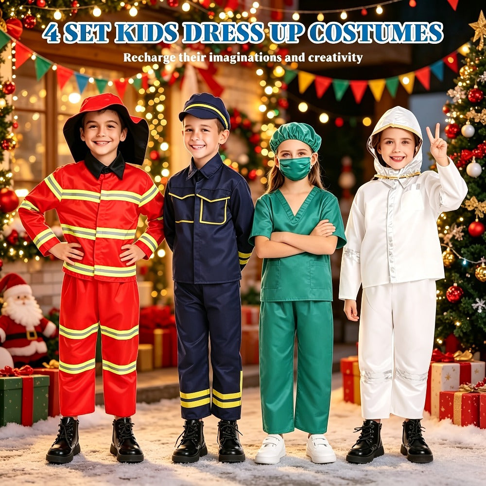 Kids Dress Up Costumes Set 4-in-1, Firefighter, Police, Astronaut & Doctor Role Play Clothes for Boys Girls Ages 3-6 — image 