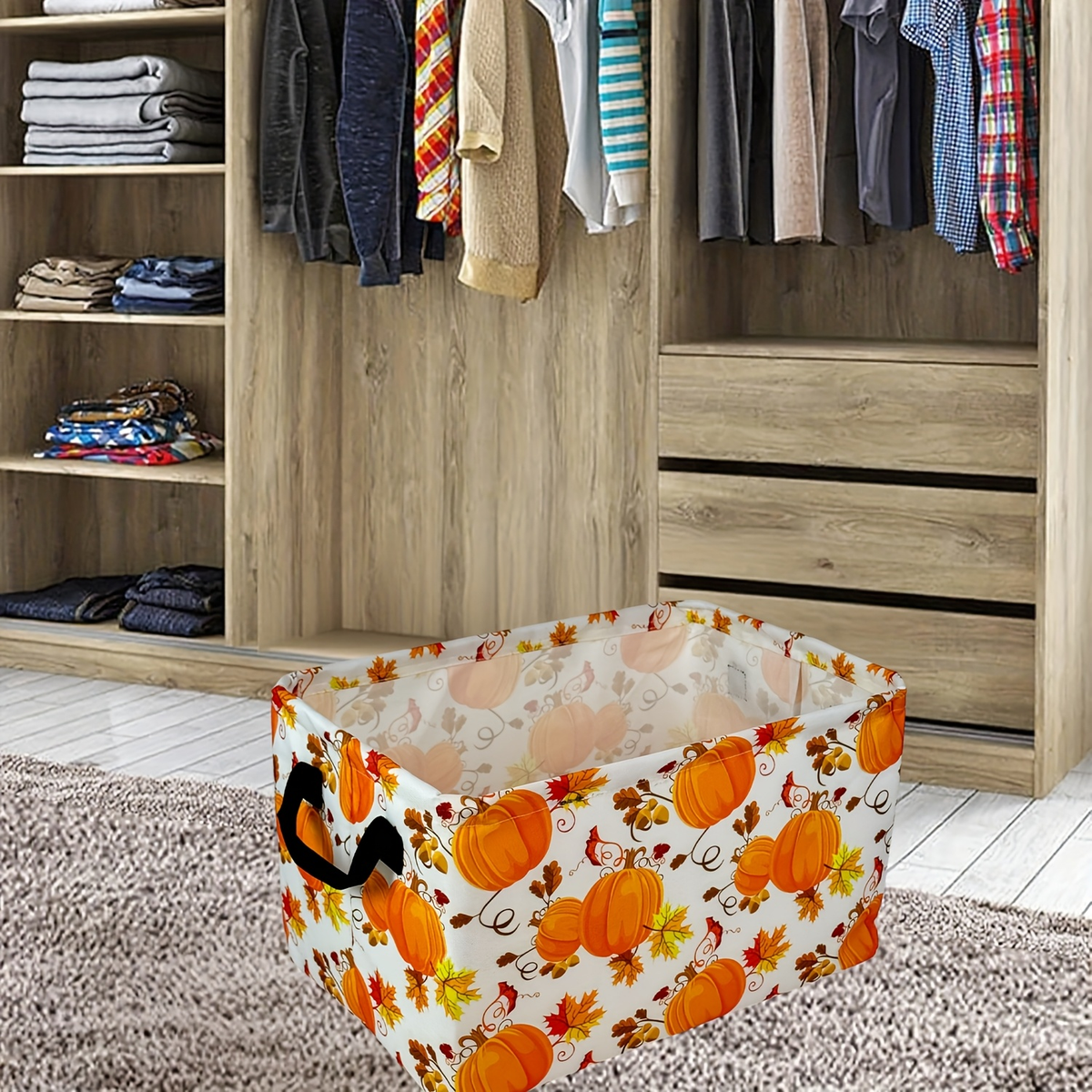 Soft Open-Top Printed Storage Bin with Side Handles and Cat, Dog, Pumpkin, Duck or Dachshund Designs — image 8