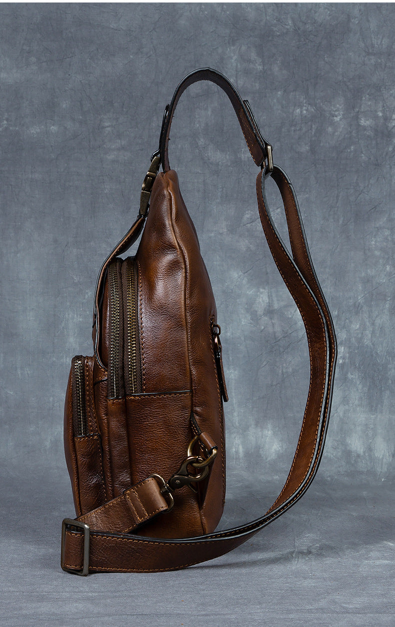 Men's Chest Crossbody Genuine Leather Retro Hand-rubbed Large Capacity Messenger Bag