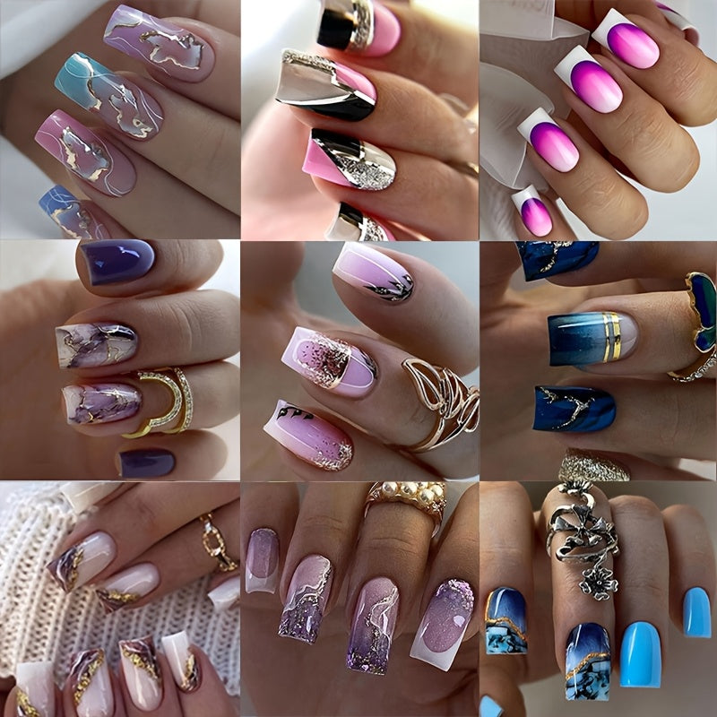 Press On Nails 216-Piece Medium Square Set with Ombre Gradient, White French-Tip and Marble Designs — image 10