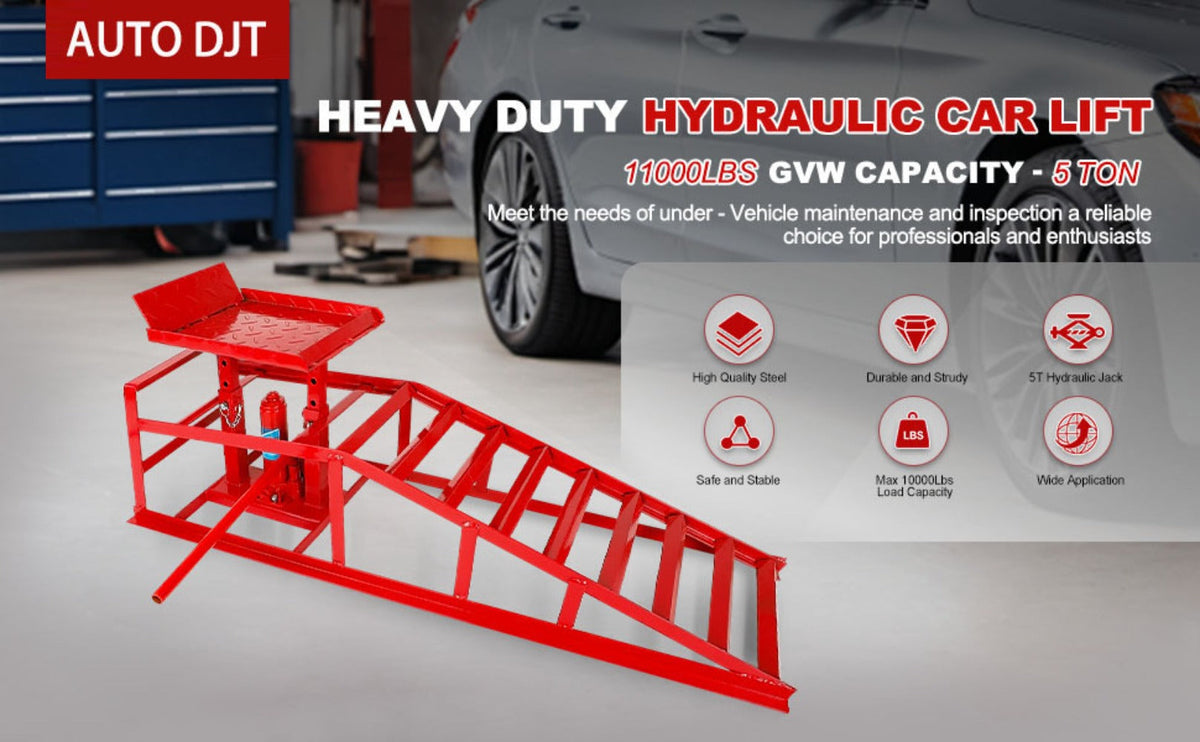 Hydraulic Vehicle Ramps 11, 000 lb 5T Low Profile Heavy Duty Lift Service Ramps for Truck Trailer Garage – Adjustable Height 