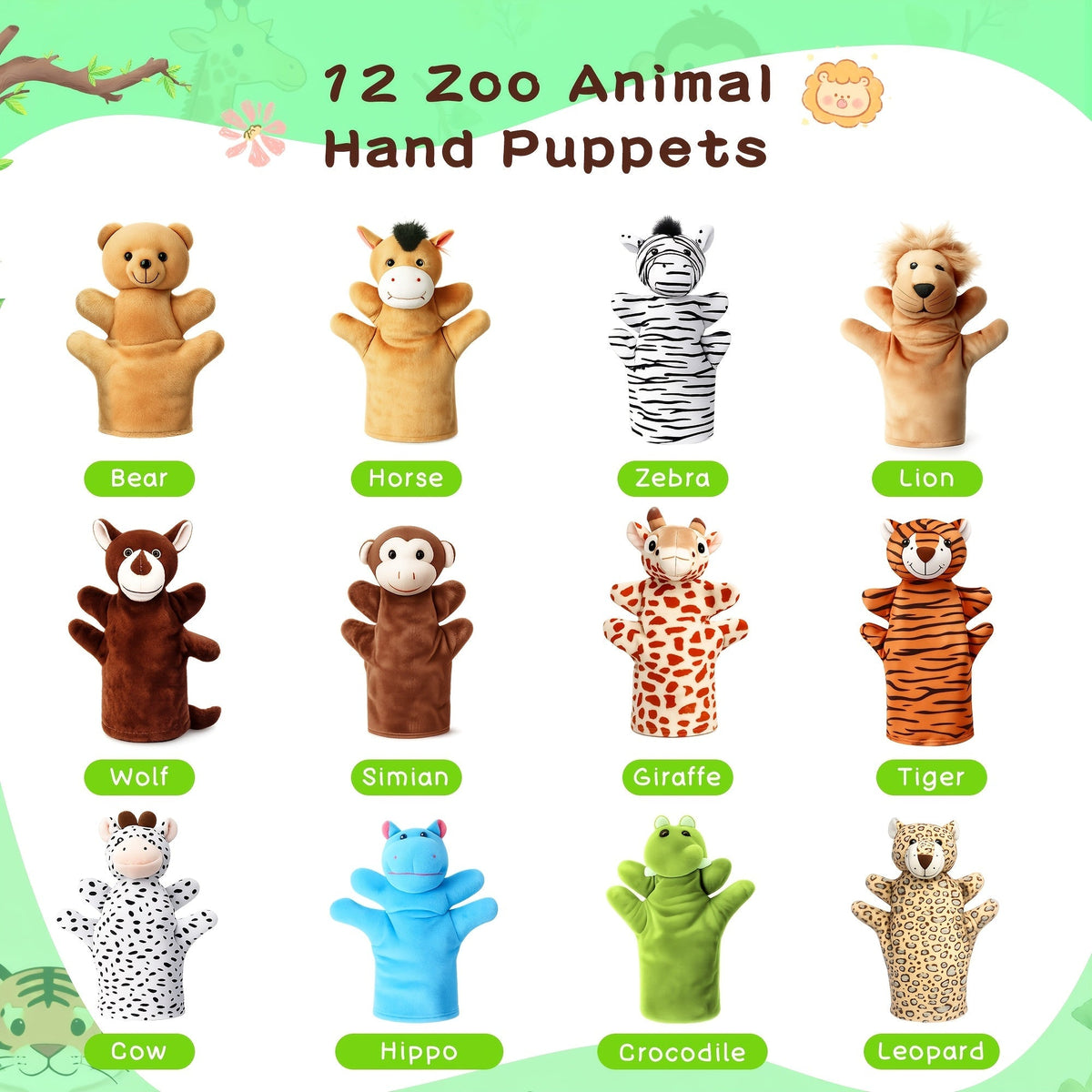 Twelve-Piece Zoo Animal Hand Puppet Set with Bear, Zebra, Lion, Giraffe, Hippo and More Designs — image 10