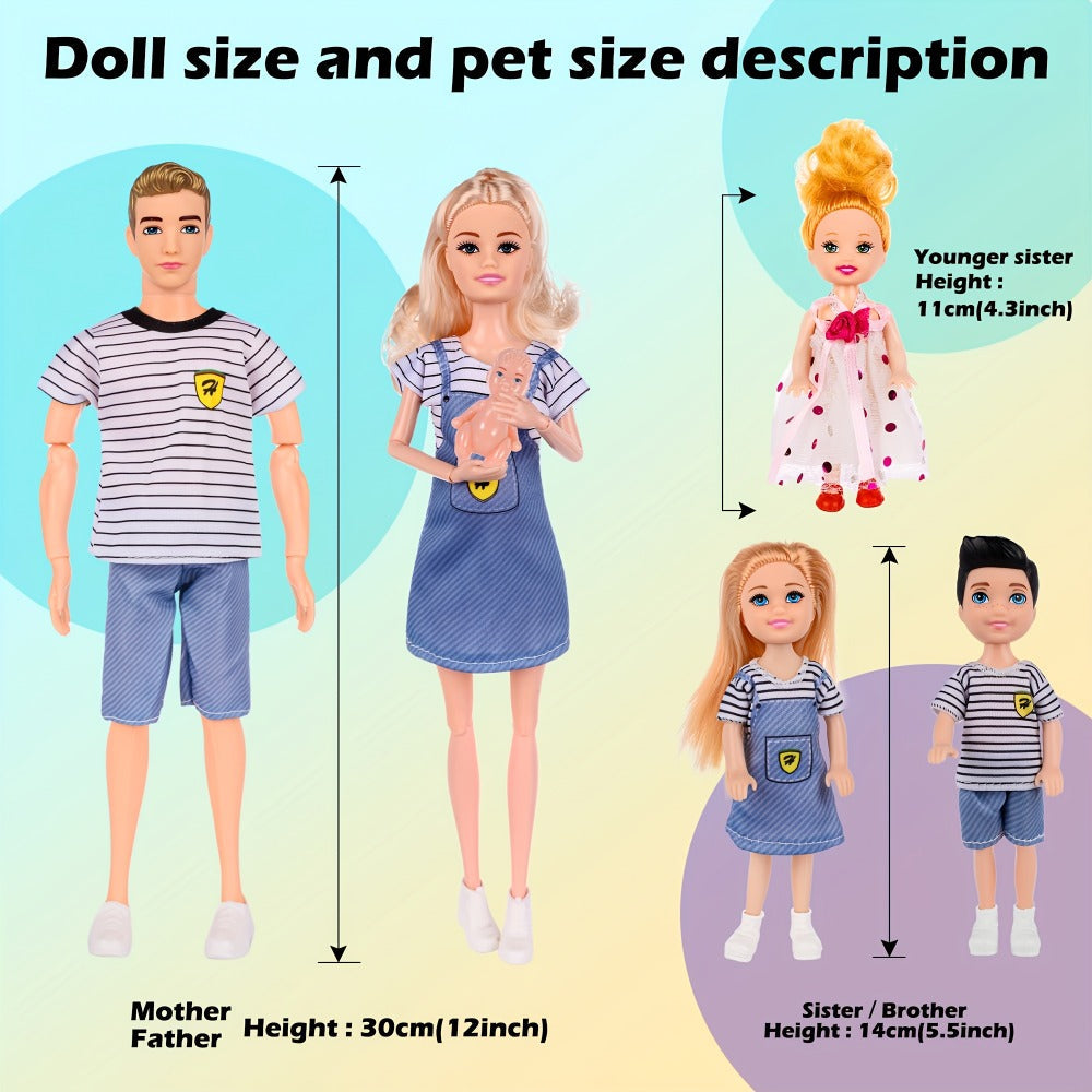 Family Doll Set with Pets & Accessories, 6 Poseable Collectible Dolls with Puppies, Handcart & Changeable Clothes — image 2