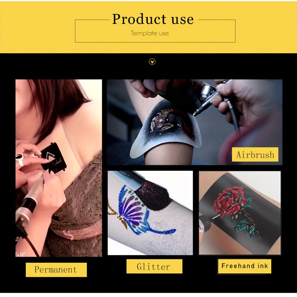 DIY Tattoo Stencils Set 12 Sheets Hollow Design Templates | Reusable Body Art Kit for Arm Ankle Ear Wrist | Waterproof Compat