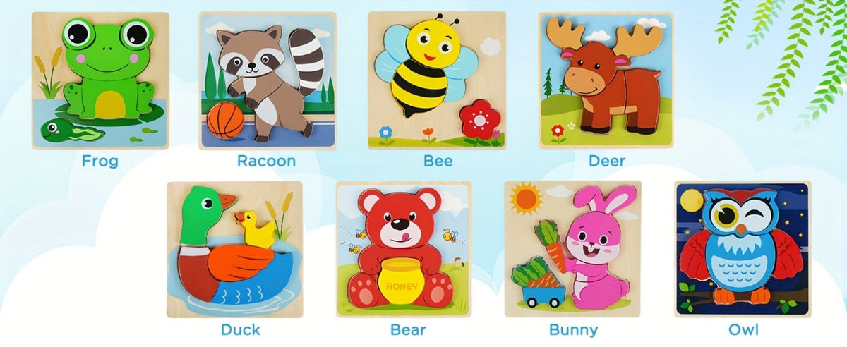 Baby Animal Wooden Puzzles for Toddlers 8 Pack, Infant Learning Toy 12 Months+, Bear Bunny Owl Frog Bee Duck Moose Raccoon — 