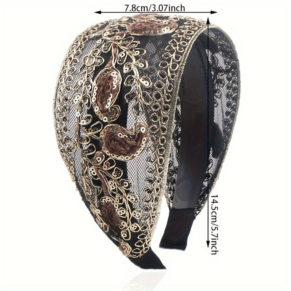 Lace Sequin Flower Headbands for Women 2pcs Wide Non-Slip Boho Retro Embroidered Hair Hoops for Daily Wear Spring Summer Wedd