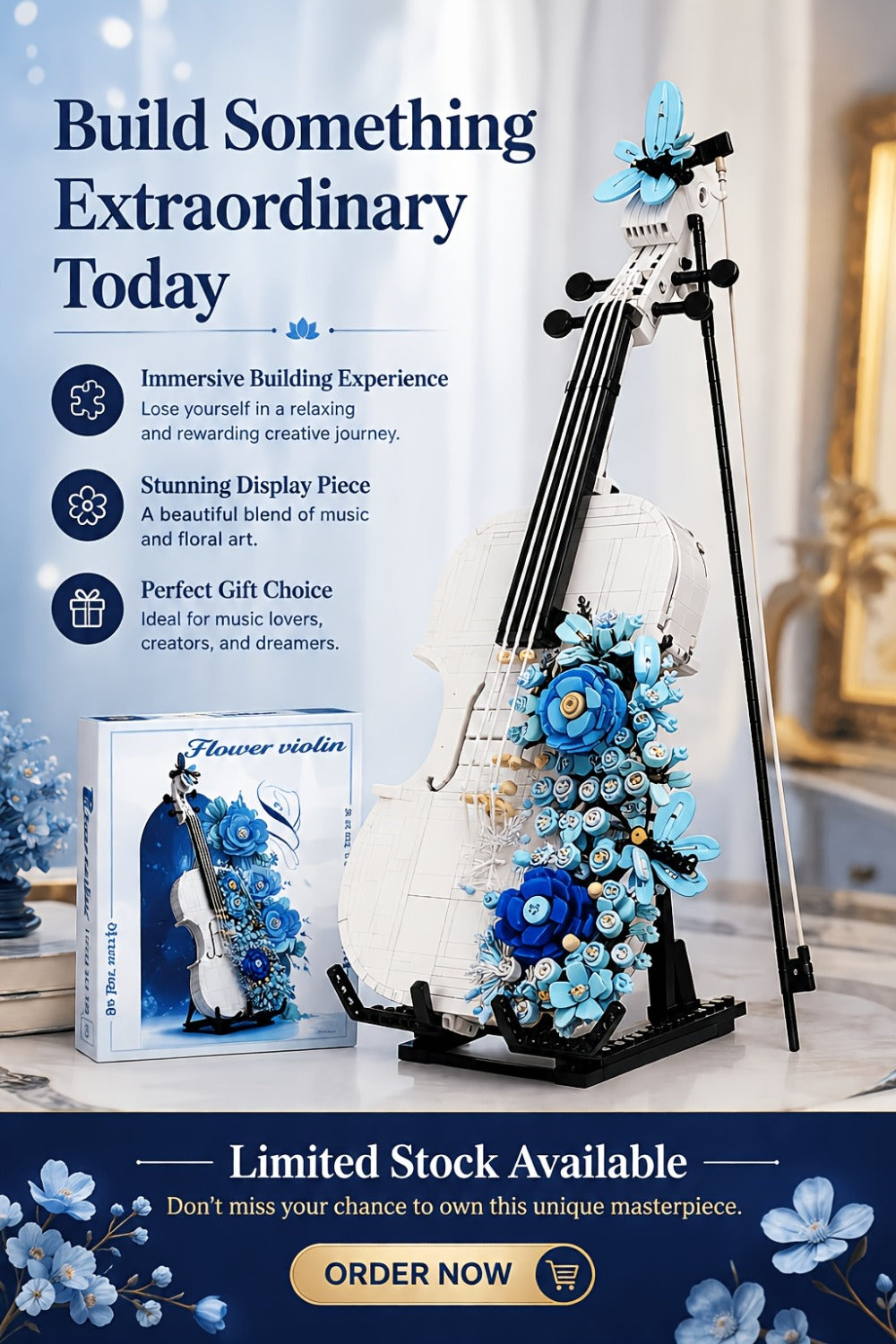 1419-Piece Flower Violin Building Block Model with Brick-Built Stand, Blue Blooms and Panel Detail — image 21