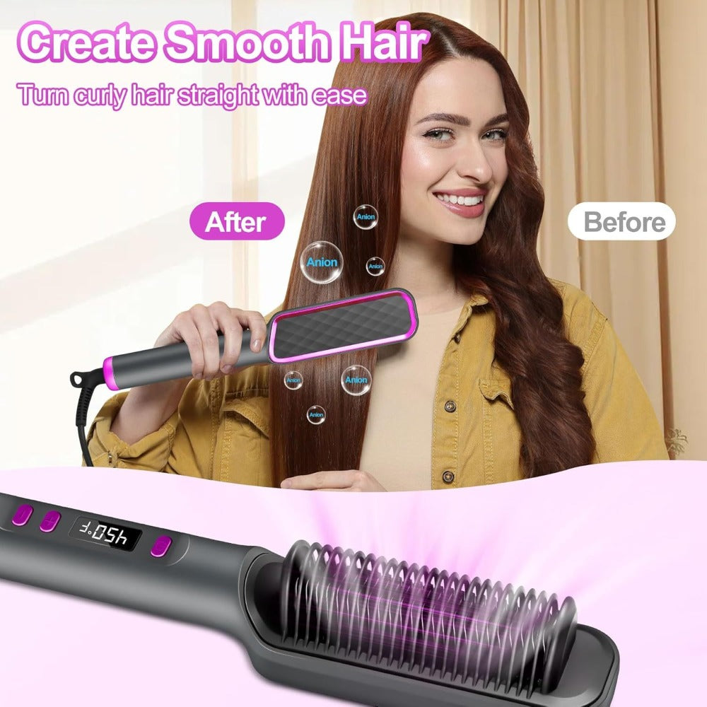 2-in-1 Hair Straightener & Curler LCD Display – 35-Second Fast Heat 4-Speed Temperature Anti-Scald Flat Iron Brush for Women 