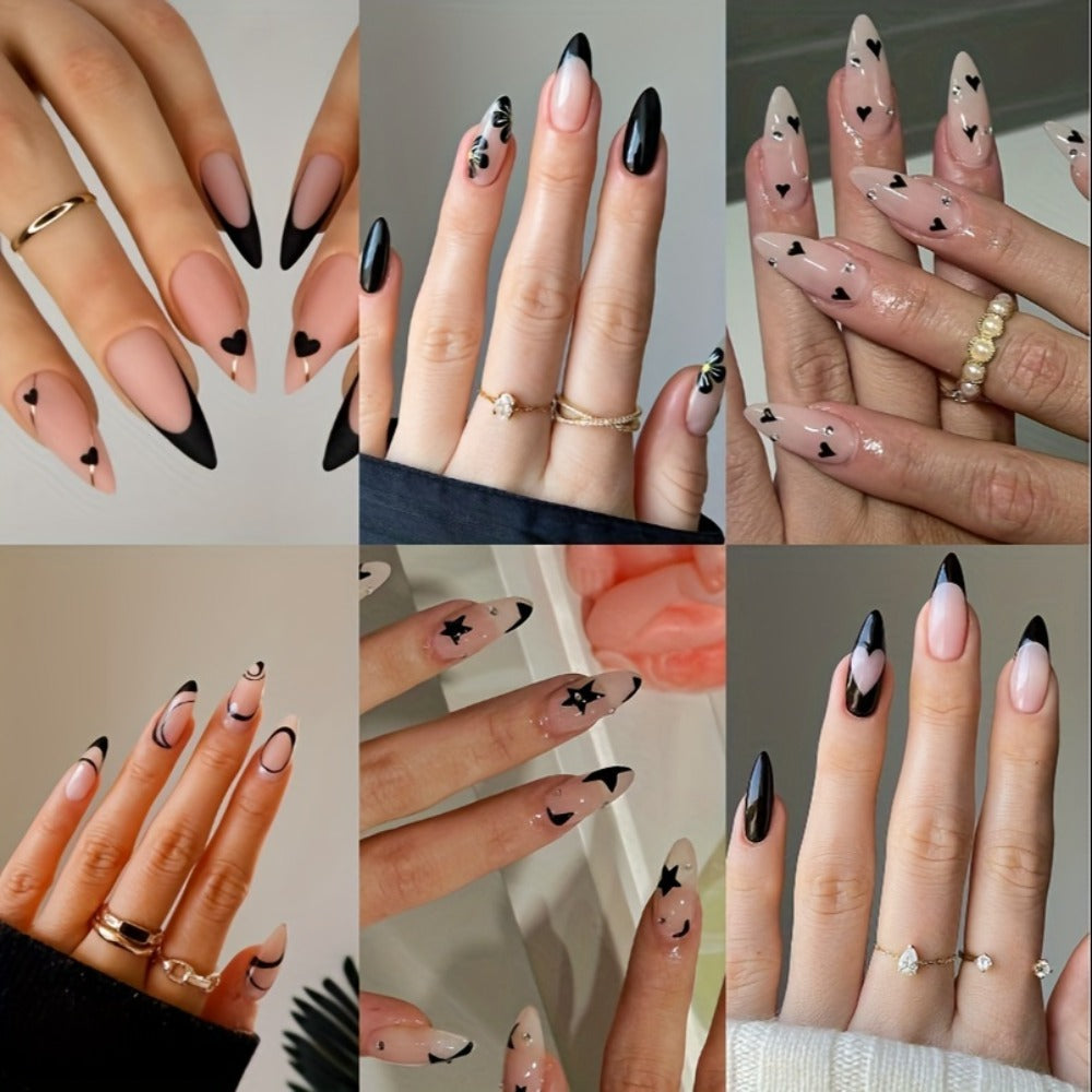 Press On Nails 144-Piece Short Almond Set with Pink Flowers, Rhinestones, Black French Tips and Glue — image 5