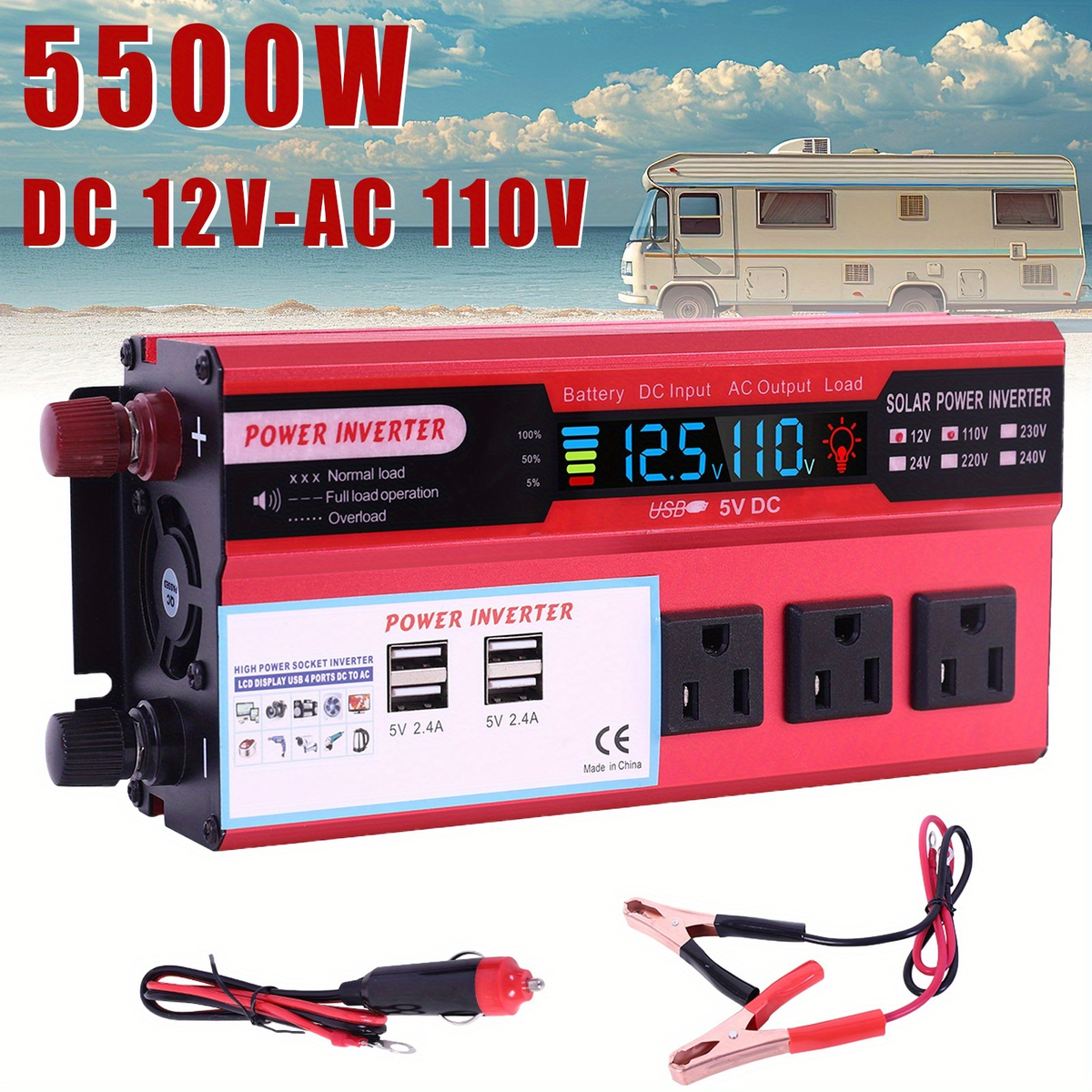 DC to AC Inverter 4000W 5500W 6500W 16000W Peak DC 12V to AC 110V High Power Car Inverter with USB Ports for Garden, Patio an