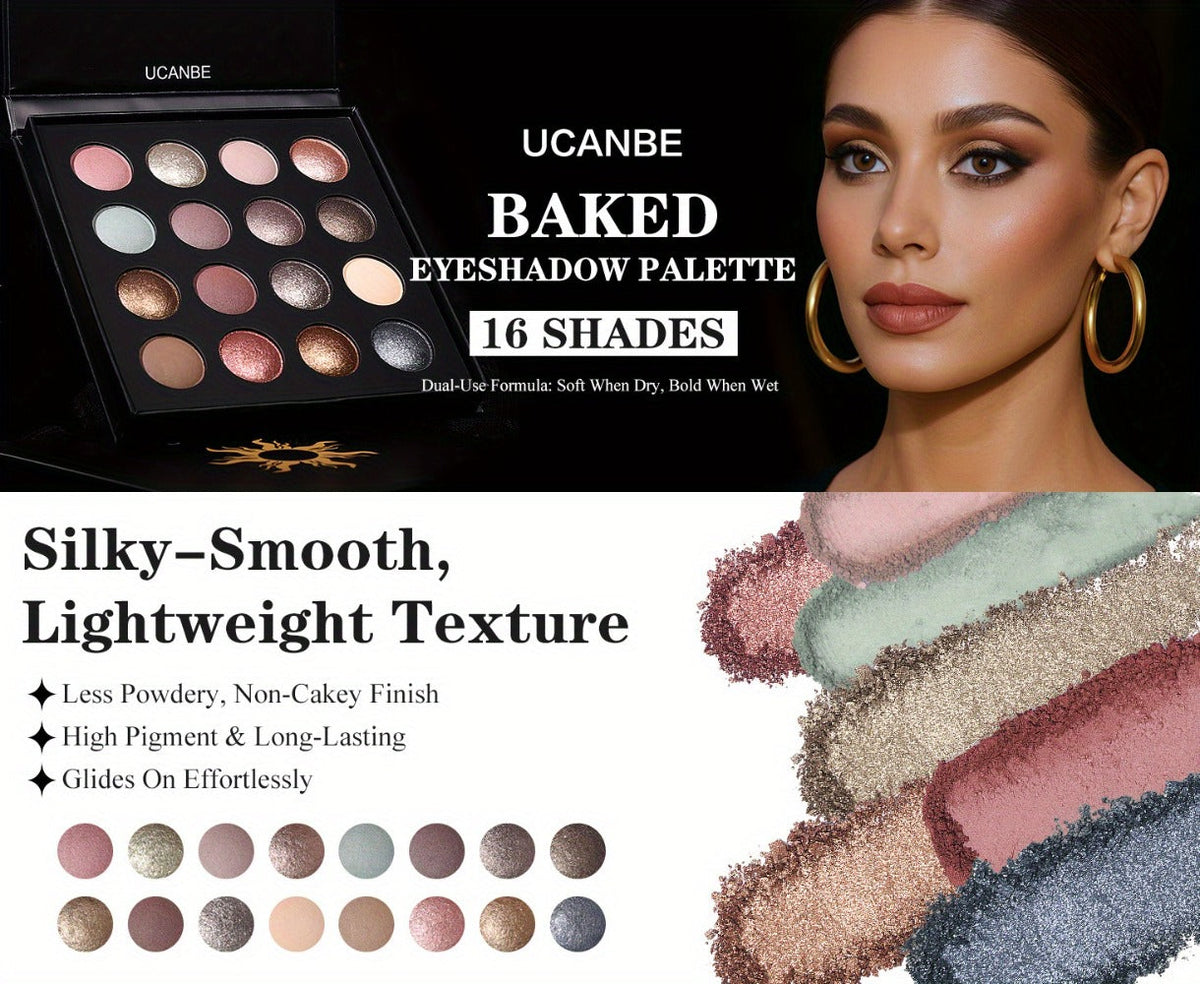 Eyeshadow Palette UCANBE 16-Shade Black Case with Matte-Shimmer-Metallic Mix and 15-Brush Set — image 8
