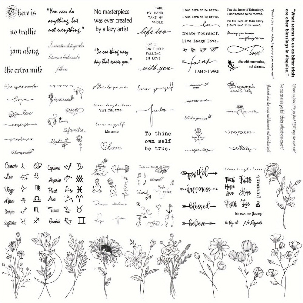 Temporary Tattoos, 30-Sheet Floral and Letter Set with Black Linework Designs for Face, Neck, Arm and Wrist — image 1