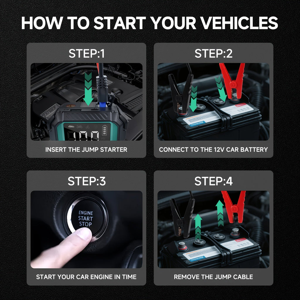 10000A Car Jump Starter with 12V Clamps, LED Light and Optional Integrated Air Pump in Red, Green or Gray — image 2