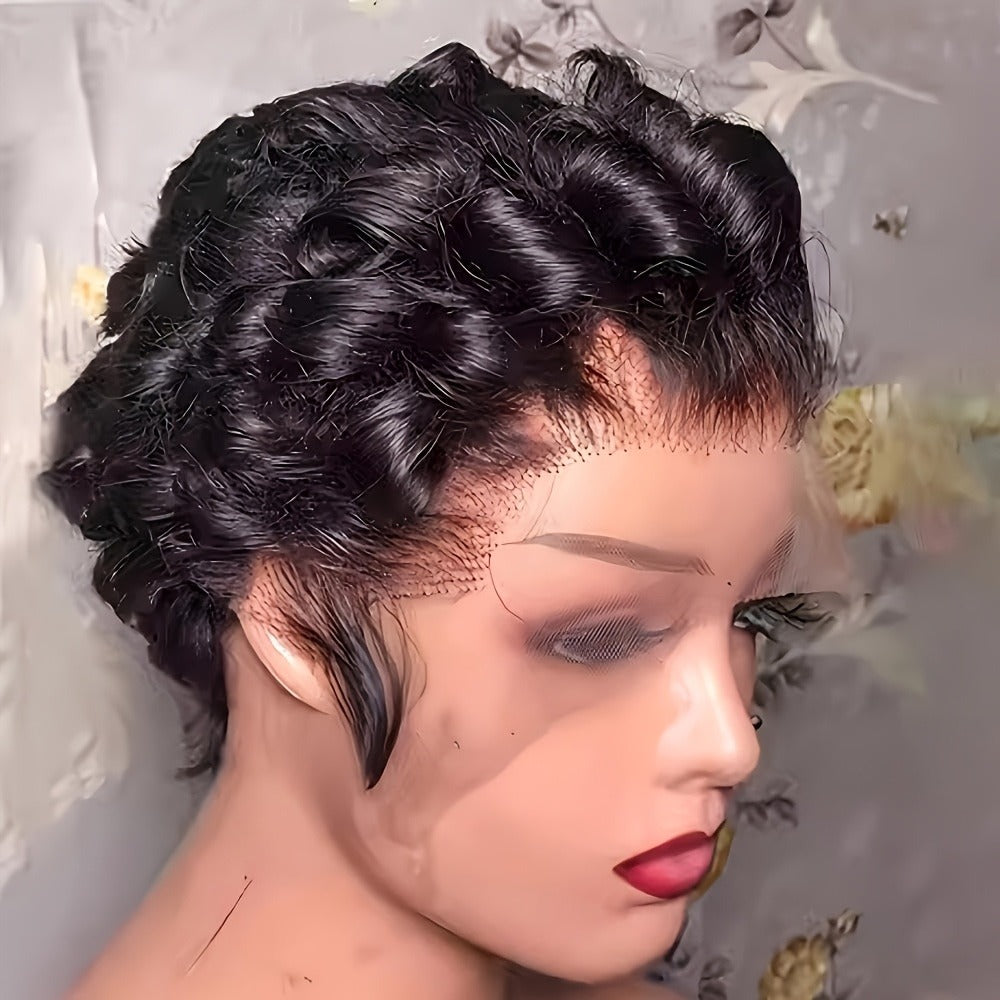 Pixie Cut Wig Human Hair 13x4 HD Lace Front Short Curly Body Wave Loose Deep Wave Finger Wave, for Home, Travel and Salon Hai