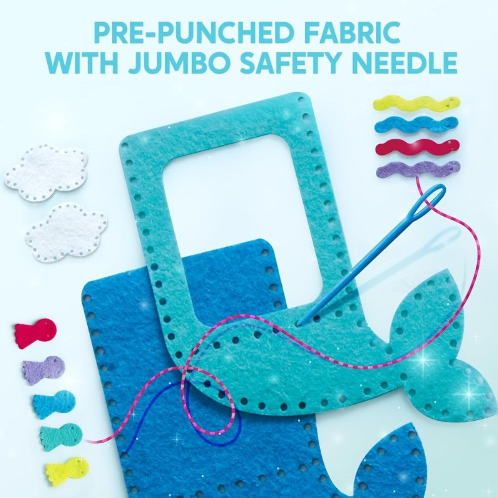 Kids Sewing Kit for Beginners 7 Felt Craft Projects, Pre-Punched Holes Safe Needles Mini Pillow Keychain Card Holder Cup Slee