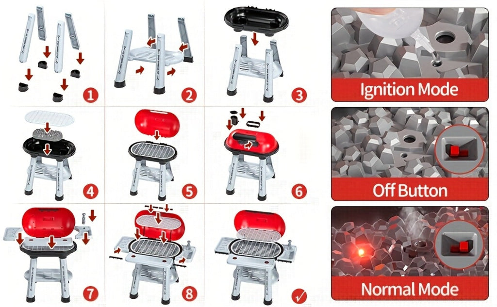 Kids BBQ Grill Playset Two-Tier for Grilling, Camping and Outdoor Meals with Toy Food Meats Fruits Spices & Working Water Tap