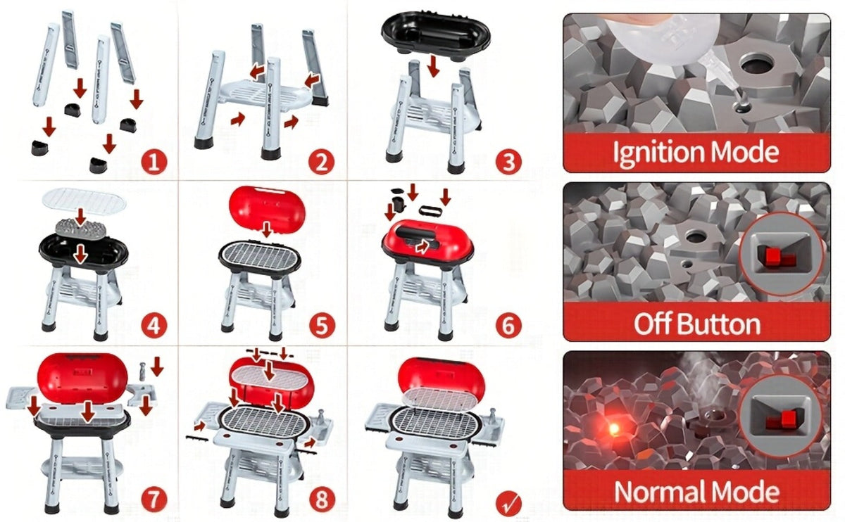Kids BBQ Grill Playset Two-Tier for Grilling, Camping and Outdoor Meals with Toy Food Meats Fruits Spices & Working Water Tap