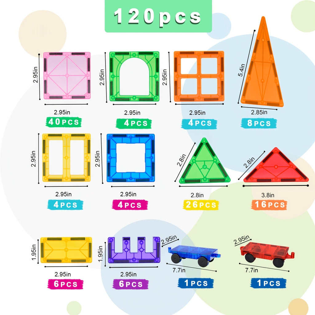 Magnetic Tiles 120-Piece Translucent Castle Building Set with Two Rolling Car Bases and Multicolor Shapes — image 9