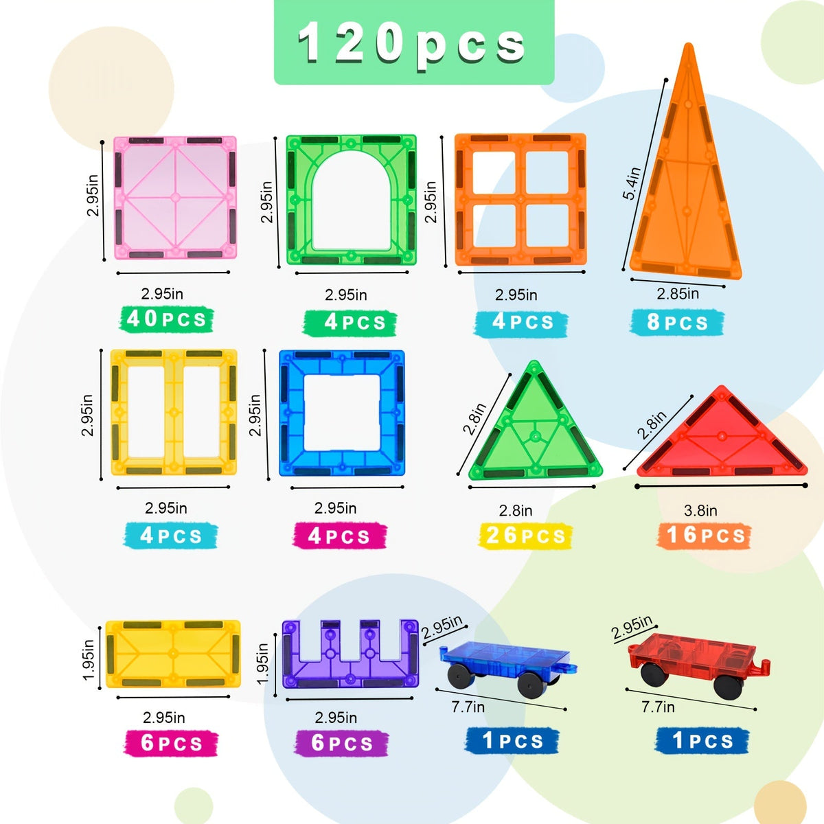 Magnetic Tiles 120-Piece Translucent Castle Building Set with Two Rolling Car Bases and Multicolor Shapes — image 9