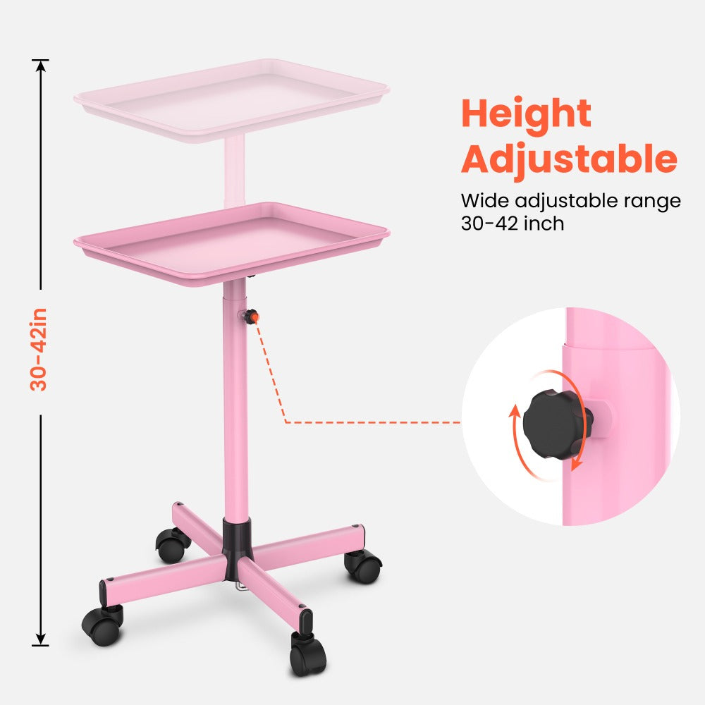 Rolling Salon Tray Cart on Wheels Adjustable Height 17.9x12.8 Inch Mobile Stylist Tray Table for Spa Tattoo Studio Blowdry Ba