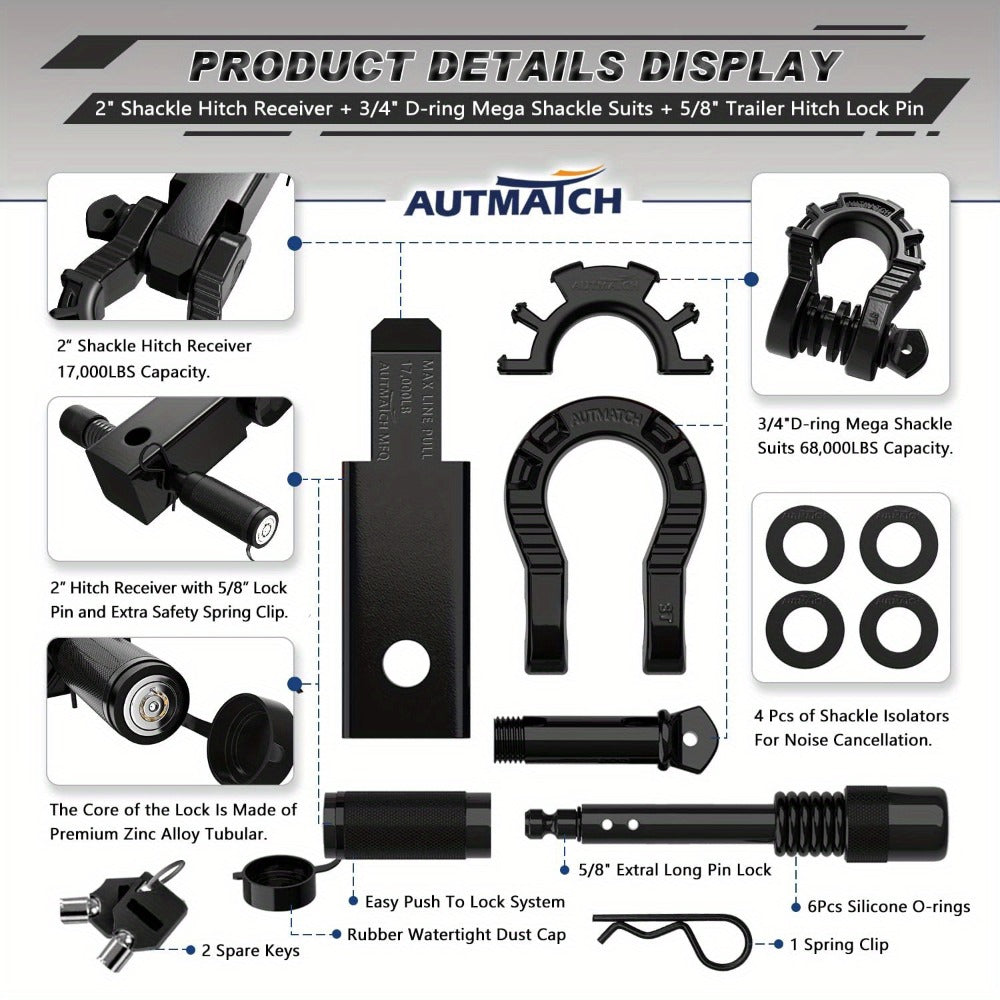 Shackle Hitch Receiver 2-Inch 68, 000 lb Break Strength with 3/4" D-Ring & 5/8" Hitch Lock Pin – Heavy Duty Drop Forged Steel