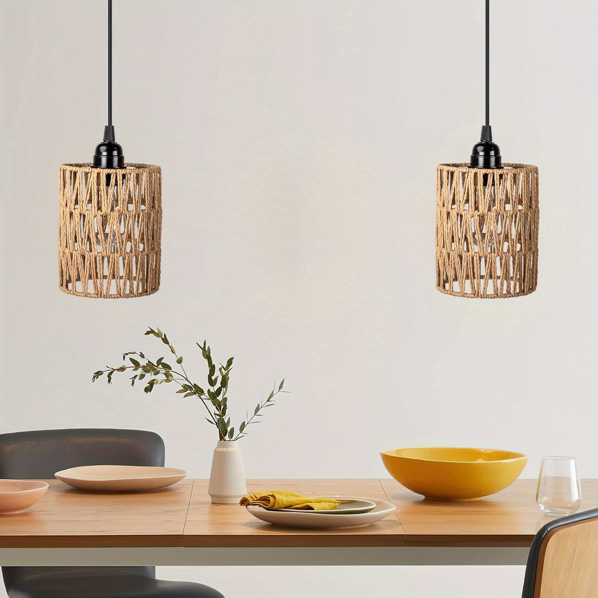 Battery Operated Pendant Light Rattan Boho Chandelier Hanging Light Warm White Bulb Wireless No-Wiring for Gazebo Pergola Por
