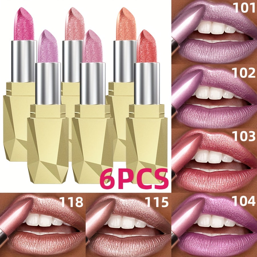 Shimmer Lipstick Set 6 Piece Waterproof Long Lasting Glossy Lip Color Coral Pink Red Purple Shades Makeup Kit for Women Trave