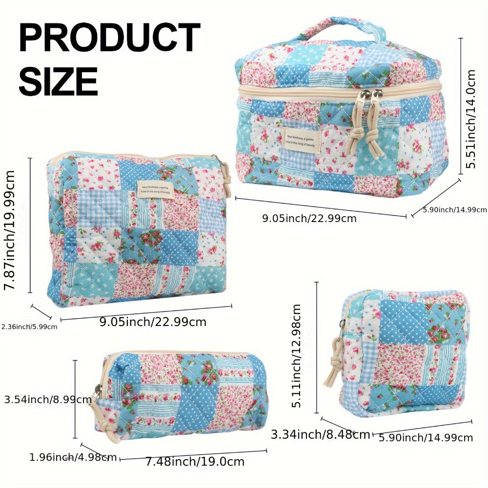 Makeup Bag Four-Piece Quilted Cotton Floral Pouch Set in Five Styles for Travel, Vanity and Everyday Beauty Storage — image 7