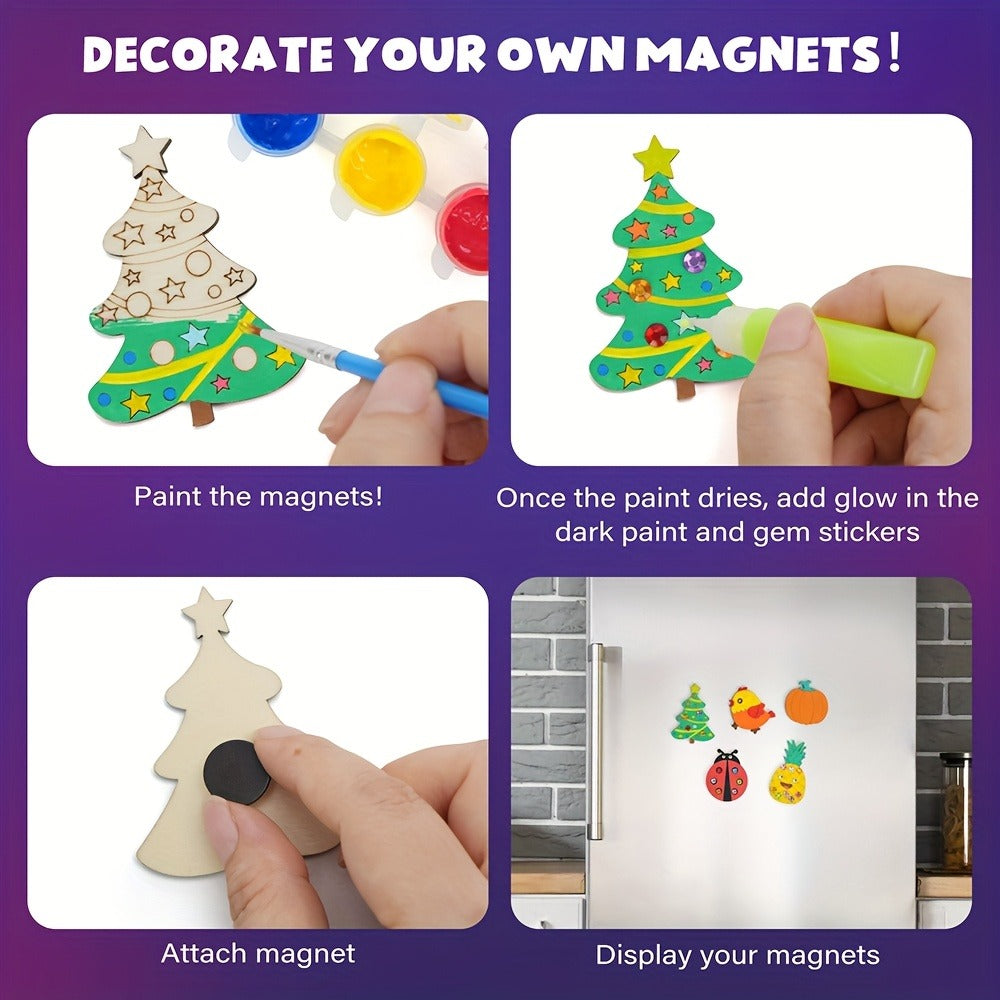 Glow in the Dark Craft Kit for Kids, 30pcs DIY Wooden Fridge Magnets Painting Set with Gem Stickers — image 5