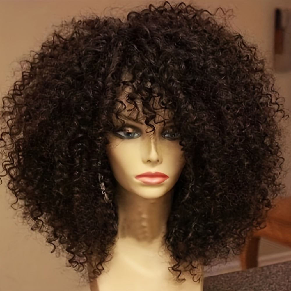 Synthetic Wig 16-Inch Kinky Curly Afro with Bangs in Color 1B and Elastic Cap for Parties and Cosplay — image 1