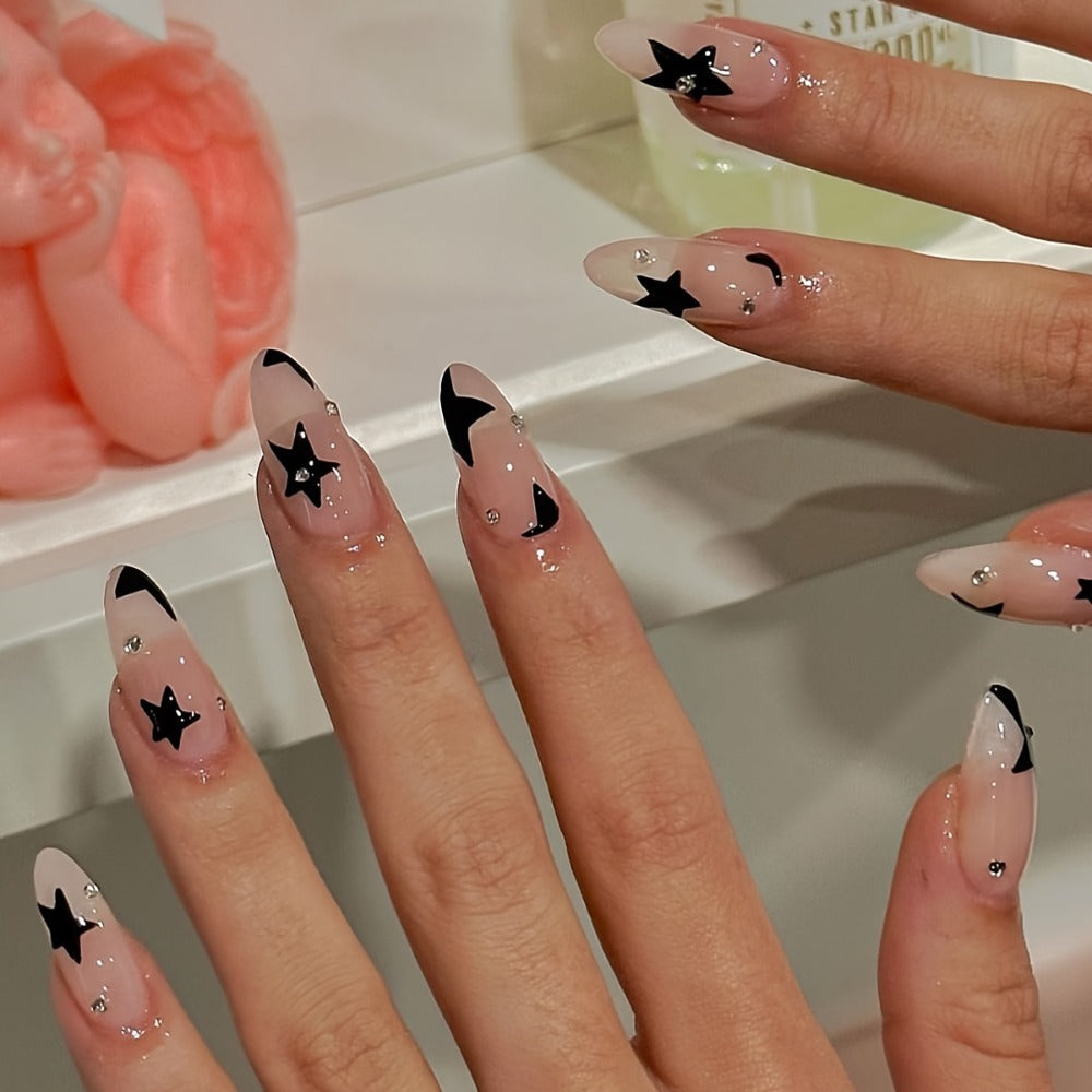 Press On Nails 144-Piece Short Almond Set with Pink Flowers, Rhinestones, Black French Tips and Glue — image 12