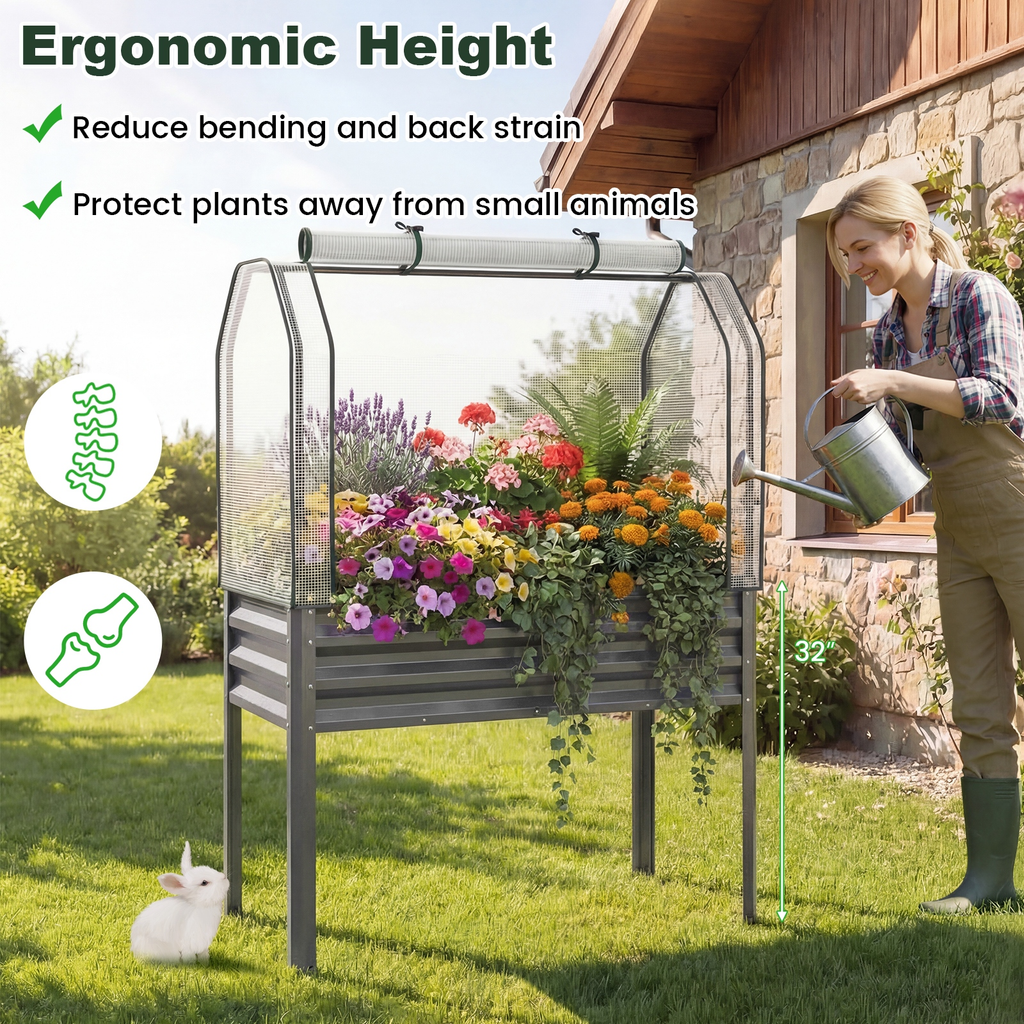 Elevated Raised Garden Bed with Greenhouse Cover 3-in-1, 44"x22"x60" Electroplated Metal Planter Box with Legs — image 6