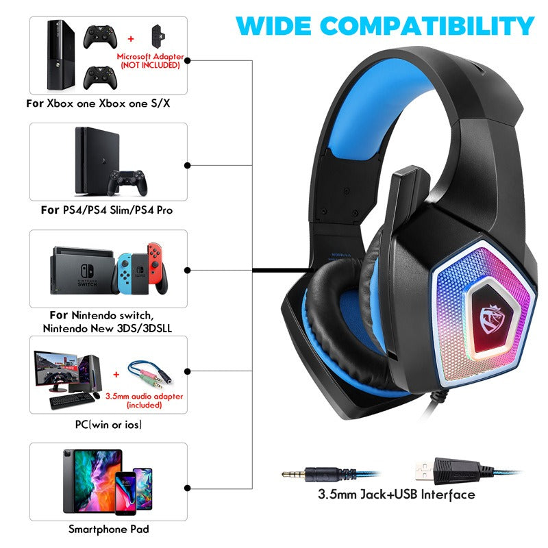 Head mounted gaming headphones colorful RGB wired computer headphones game controller headphones
