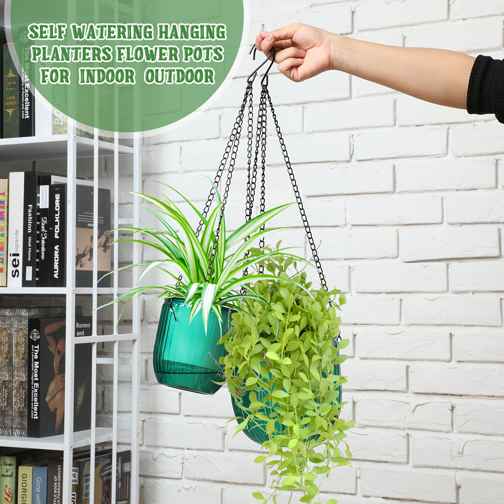 Self Watering Hanging Planters Set of 4 – 6.5" & 4.5" Hanging Flower Pots with 3 Hooks & Drainage Holes for Indoor Outdoor Ho