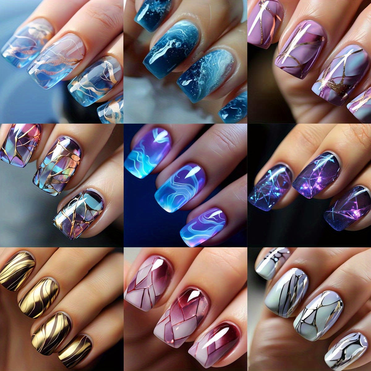Press On Nails 215-Piece Short Square Nine-Pack Marble Brown Line Gradient Glossy Set with Glue — image 1
