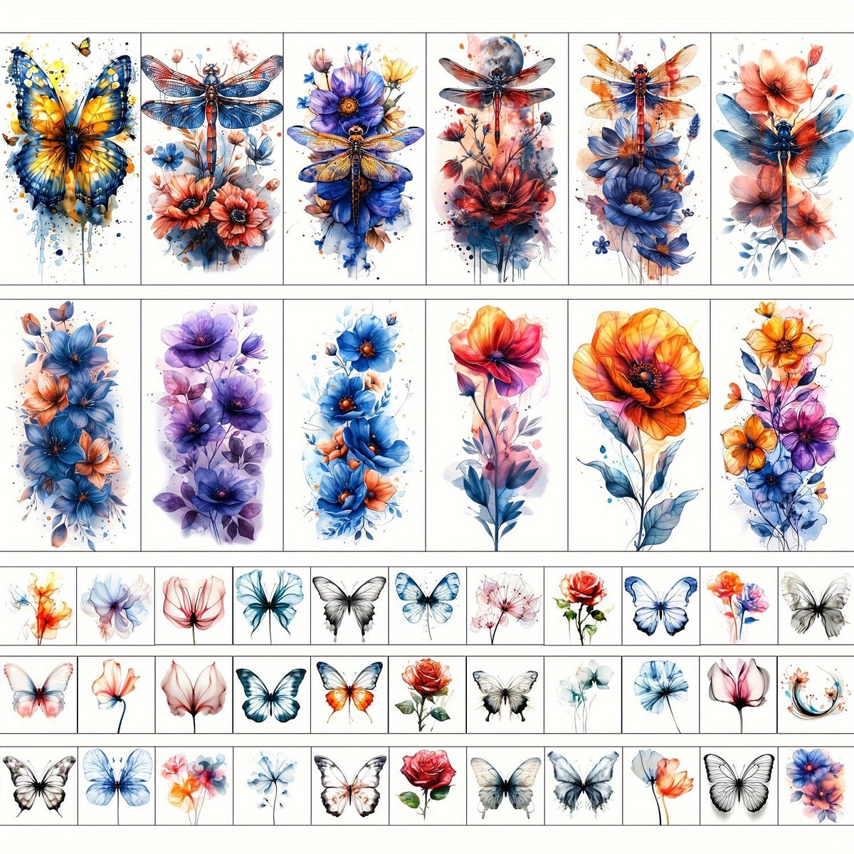 Temporary Tattoos GLARYYEARS 45-Sheet Watercolor Floral Set with 12 Large and 33 Small Designs for Arm, Wrist and Shoulder — 