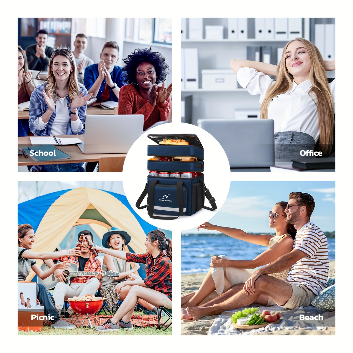 19L Triple-Compartment Lunch Bag with Three Stacked Zippers, Shoulder Strap and Four Color Options — image 7