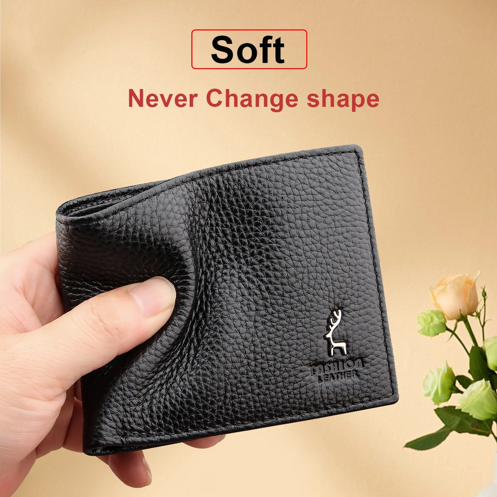 Black Men's Genuine Leather Wallet Cowhide Short Bifold