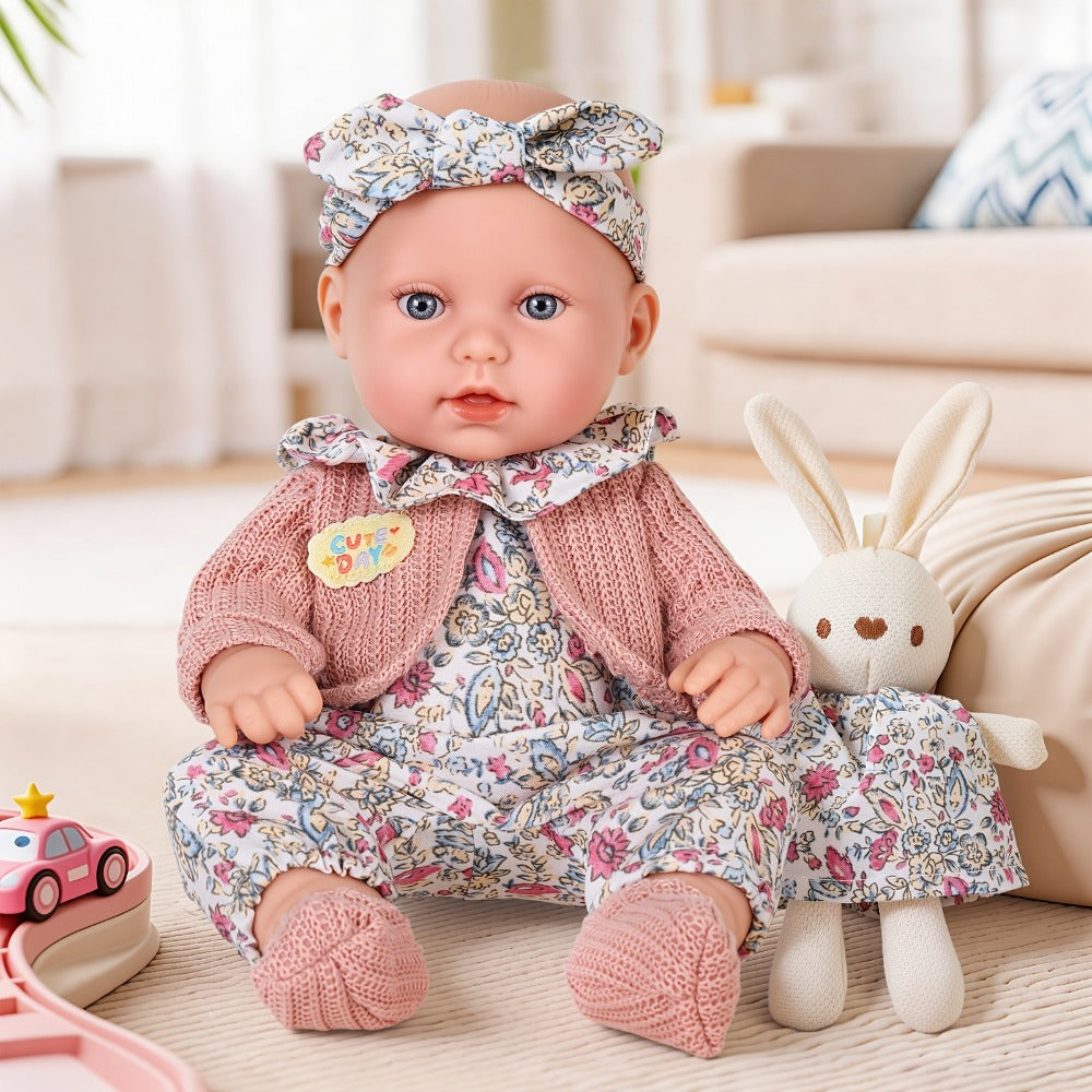 Floral Dress Baby Doll 12 Inch with Rabbit Plush Toy Gift Set, Realistic Vinyl Doll with Floral Outfit — image 10