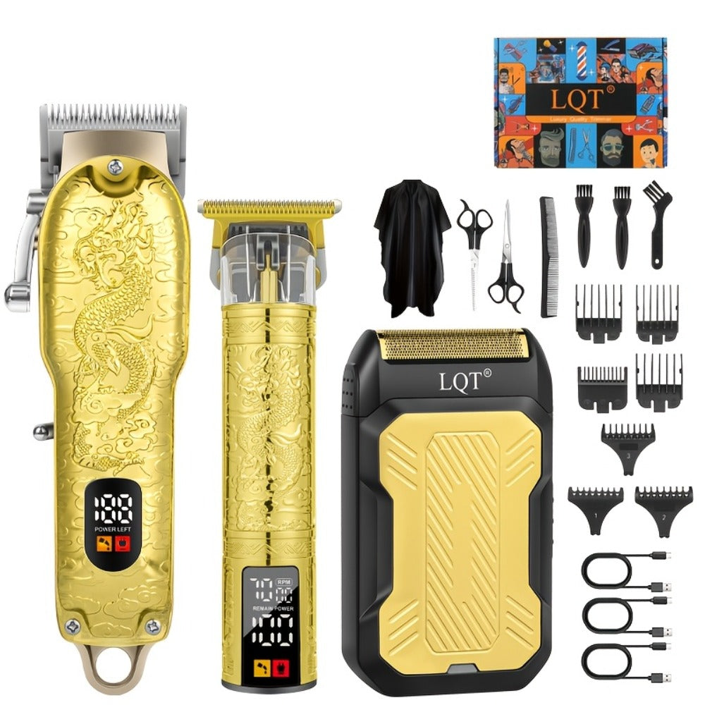 Hair Clippers & Trimmers LQT Golden Dragon Three-Piece Set with LCD Displays, USB Cables and Gift Box — image 1