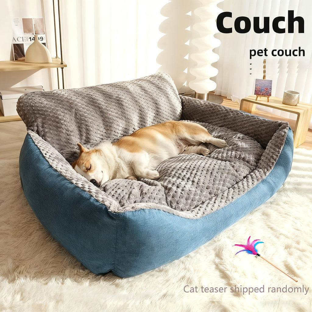 Blue-Gray Dog Bed Couch with Raised Back and Side Bolsters in Four Sizes, Plus One Random Cat Teaser — image 1