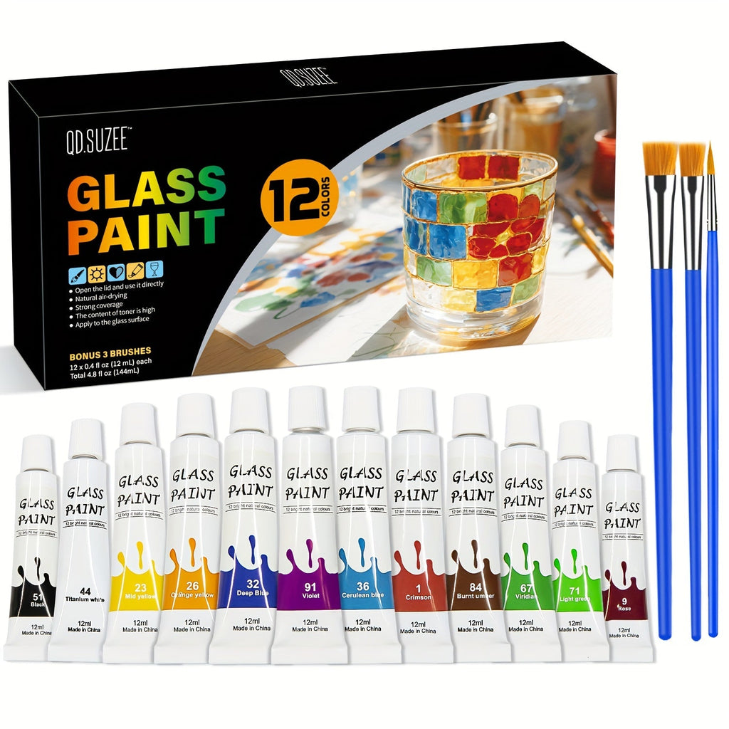 Stained Glass Painting Kit 12 Colors Acrylic Paint Set with 3 Brushes, Window Glass Paint for Wine Glasses Ceramic Mugs — ima