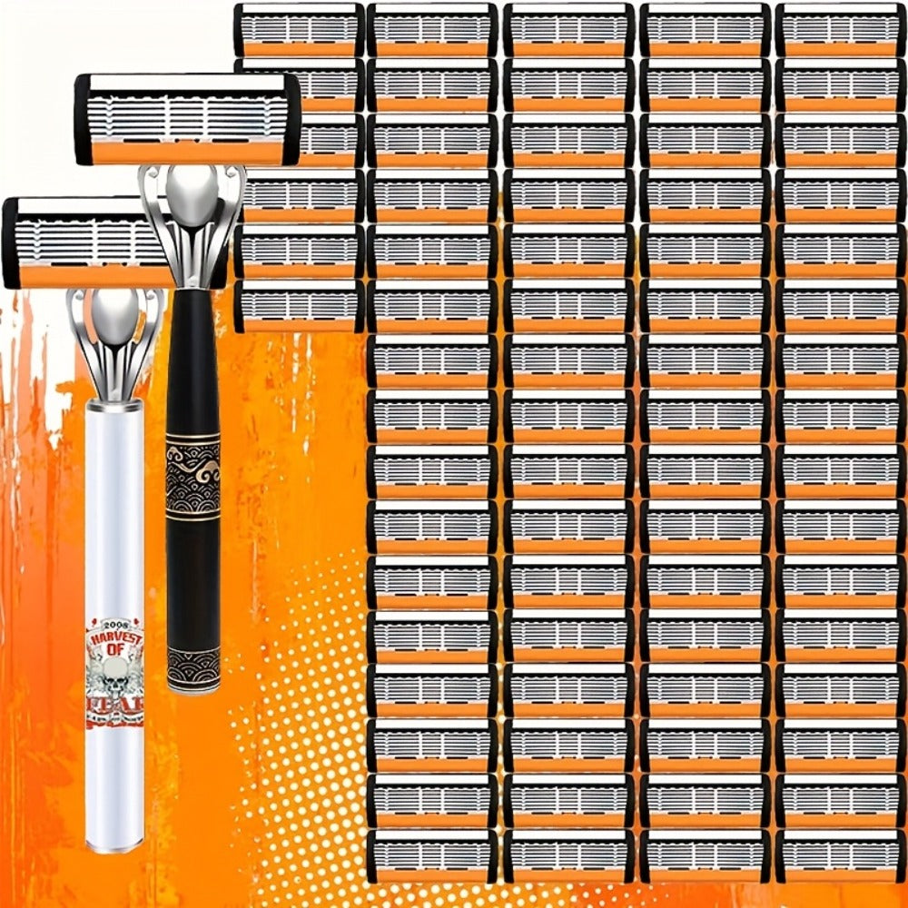 Men's Safety Razor Set 72 Blades 2 Non-Slip Handles Progressive Classic Style Painless Shaving Kit – Close Shave Replacement 
