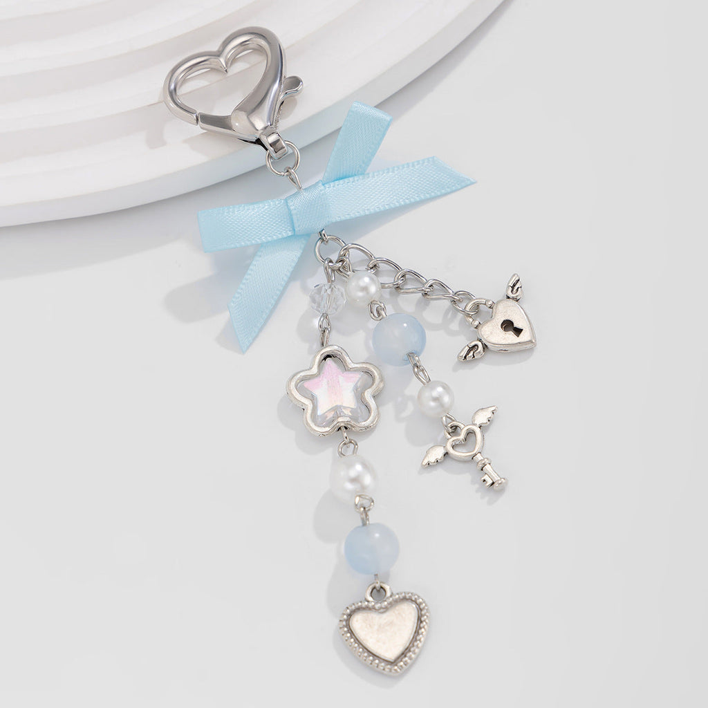 Little Fresh Love Bow Ribbon Keychain Sweet Wind Imitation Pearl Alloy Pendant