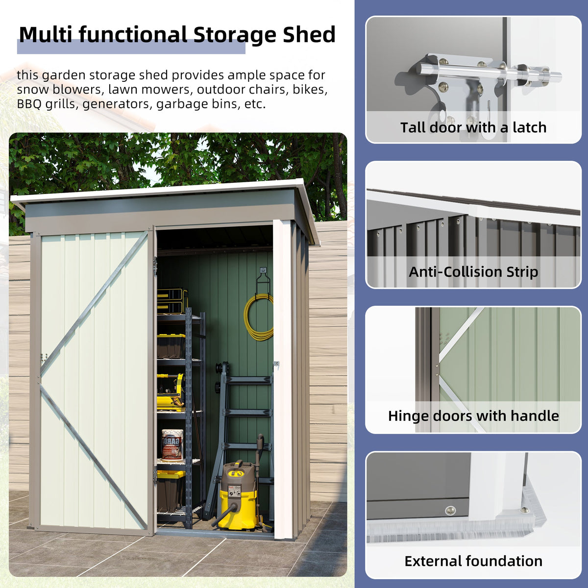 5 * 3FT outdoor storage shed, tool shed with sloping roof and lockable door, backyard garden metal shed, courtyard lawn, gray