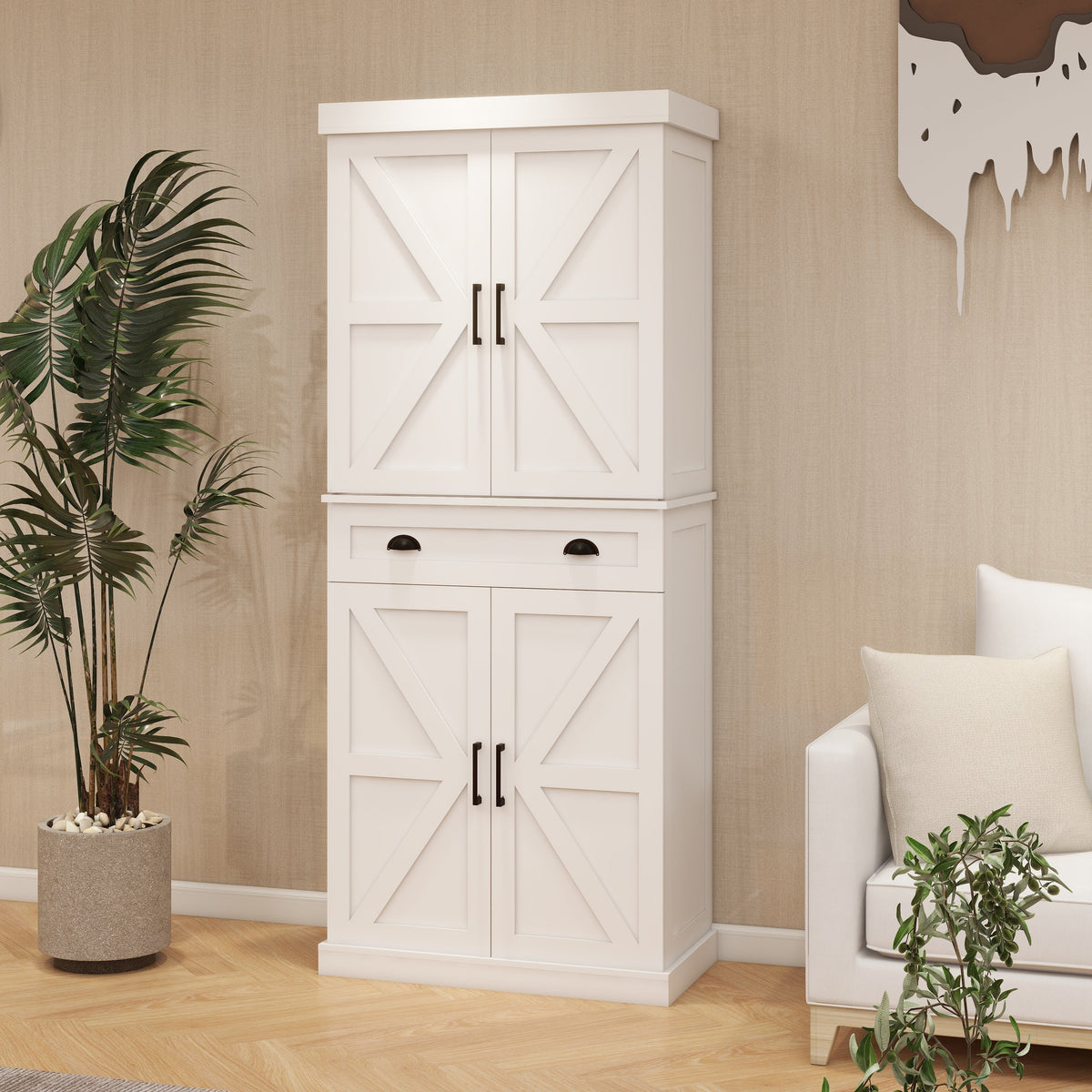 71" Kitchen Pantry Storage Cabinet with 4 Doors(2Doors with Racks)1 Drawer 2 Adjustable Shelves Freestanding Cupboard