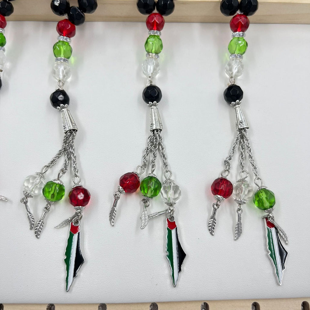 33 prayer beads in Palestinian flag colored crystal glass
