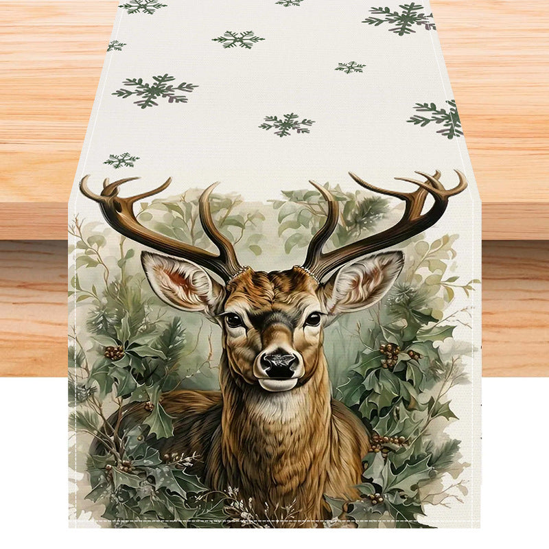 Reindeer printed table flag Christmas snowflake linen tablecloth holiday decoration table cloth tea flag pad - V.I.P Digital Presence