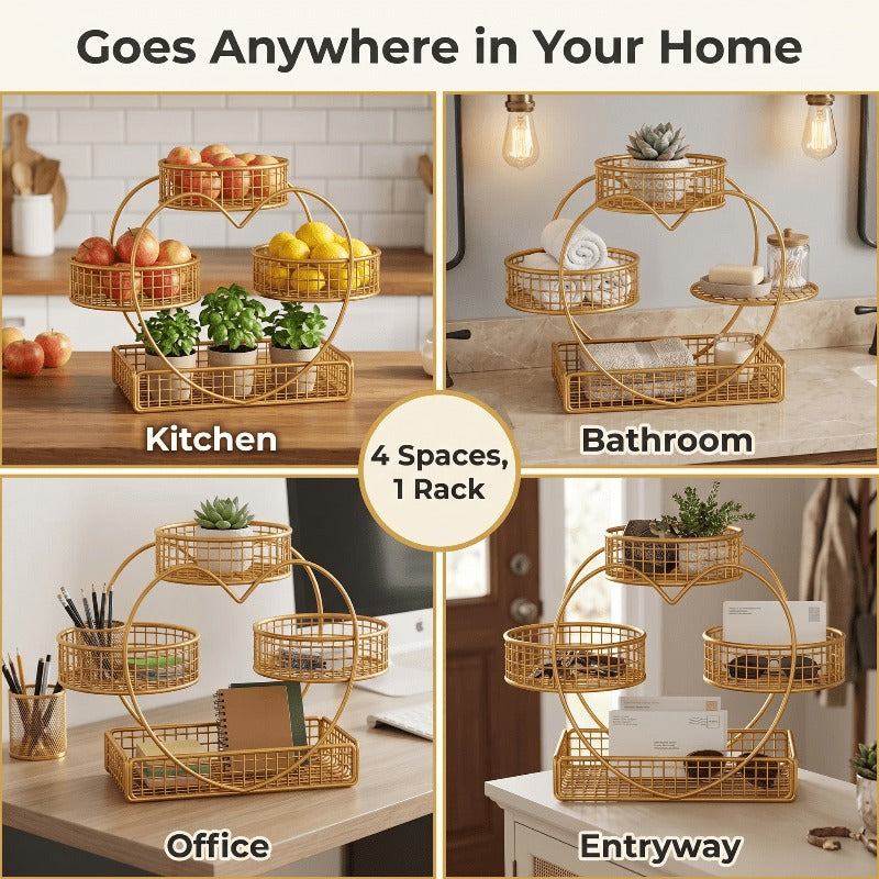 Three-Tier Gold-Tone Wire Fruit Basket with Three Round Bowls and Rectangular Countertop Base — image 4