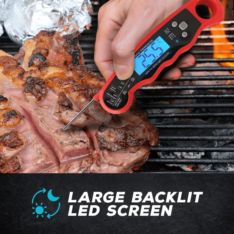 Red and Black Folding Digital Food Thermometer with Backlit Display, Calibration Mode, Unit Switch and Hanging Loop — image 3